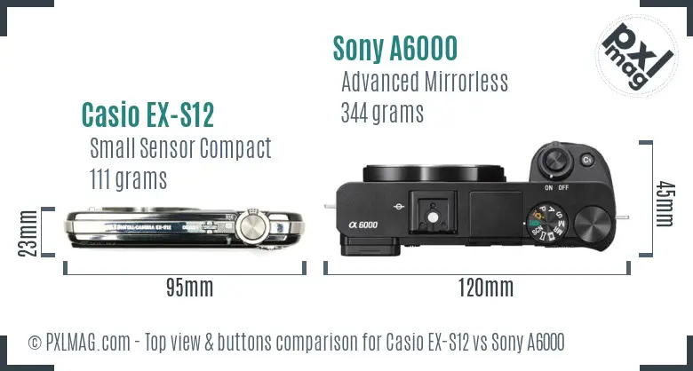 Casio EX-S12 vs Sony A6000 top view buttons comparison