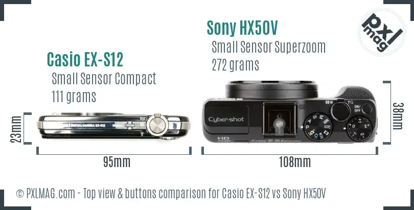 Casio EX-S12 vs Sony HX50V top view buttons comparison Casio EX-S12 vs Sony HX50V top view buttons comparison