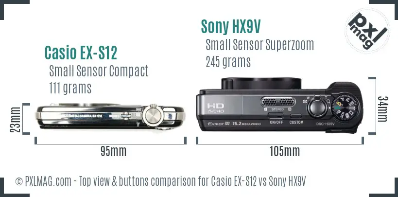 Casio EX-S12 vs Sony HX9V top view buttons comparison Casio EX-S12 vs Sony HX9V top view buttons comparison