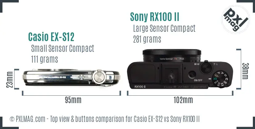 Casio EX-S12 vs Sony RX100 II top view buttons comparison Casio EX-S12 vs Sony RX100 II top view buttons comparison