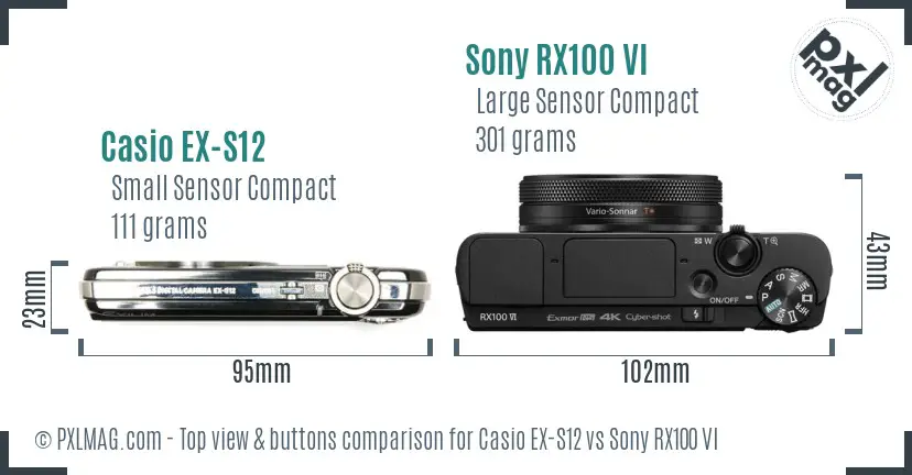 Casio EX-S12 vs Sony RX100 VI top view buttons comparison