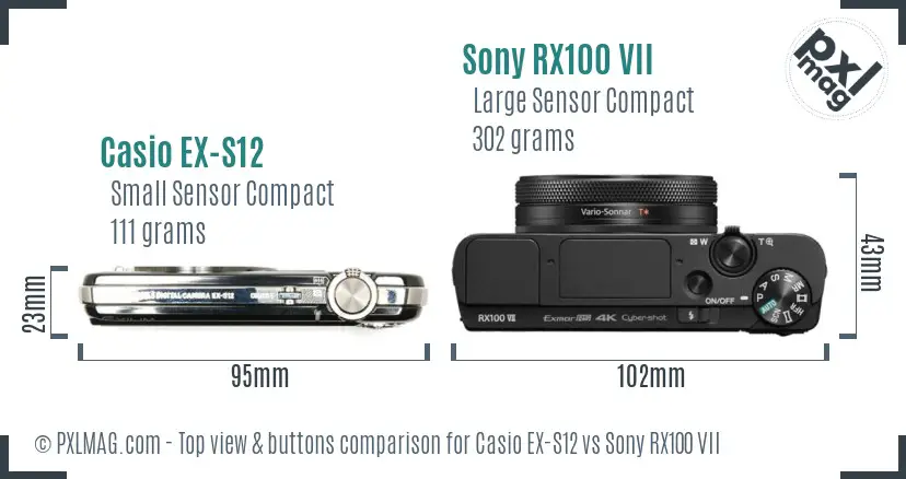 Casio EX-S12 vs Sony RX100 VII top view buttons comparison