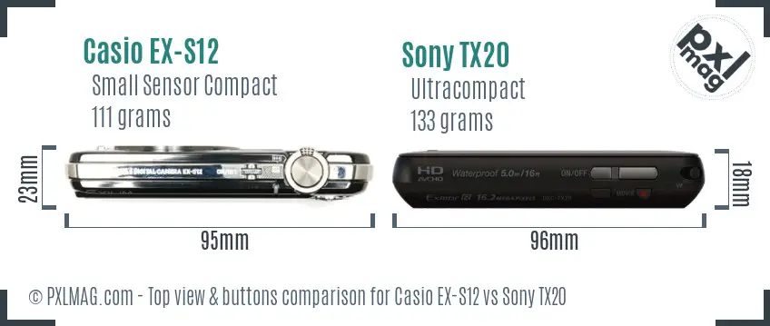 Casio EX-S12 vs Sony TX20 top view buttons comparison Casio EX-S12 vs Sony TX20 top view buttons comparison