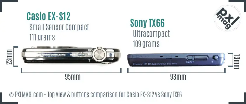 Casio EX-S12 vs Sony TX66 top view buttons comparison Casio EX-S12 vs Sony TX66 top view buttons comparison