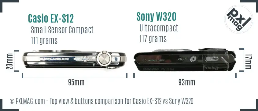 Casio EX-S12 vs Sony W320 top view buttons comparison Casio EX-S12 vs Sony W320 top view buttons comparison