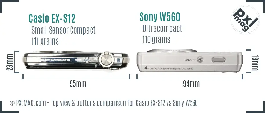Casio EX-S12 vs Sony W560 top view buttons comparison Casio EX-S12 vs Sony W560 top view buttons comparison