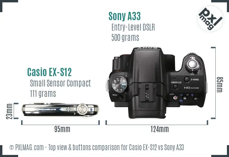 Casio EX-S12 vs Sony A33 top view buttons comparison