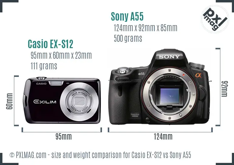 Casio EX-S12 vs Sony A55 size comparison