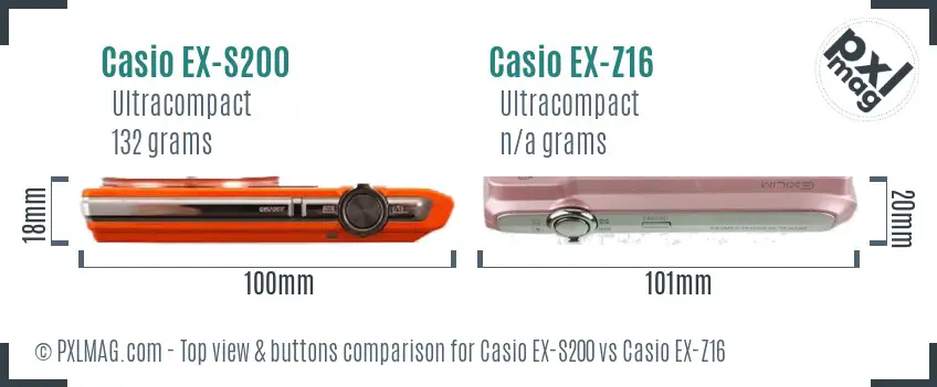 Casio EX-S200 vs Casio EX-Z16 top view buttons comparison