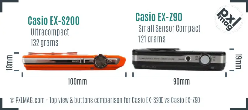 Casio EX-S200 vs Casio EX-Z90 top view buttons comparison Casio EX-S200 vs Casio EX-Z90 top view buttons comparison