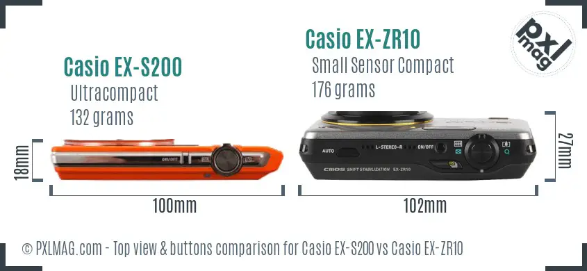 Casio EX-S200 vs Casio EX-ZR10 top view buttons comparison