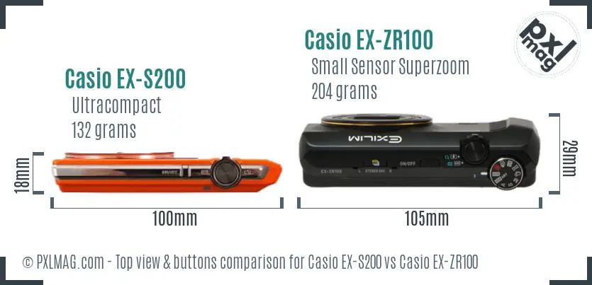 Casio EX-S200 vs Casio EX-ZR100 top view buttons comparison