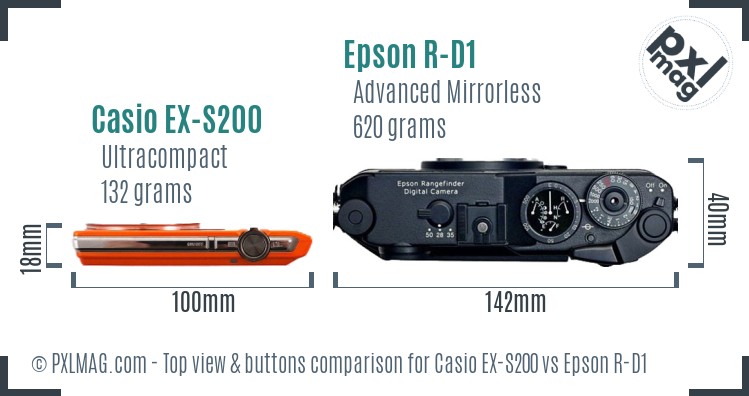 Casio EX-S200 vs Epson R-D1 top view buttons comparison