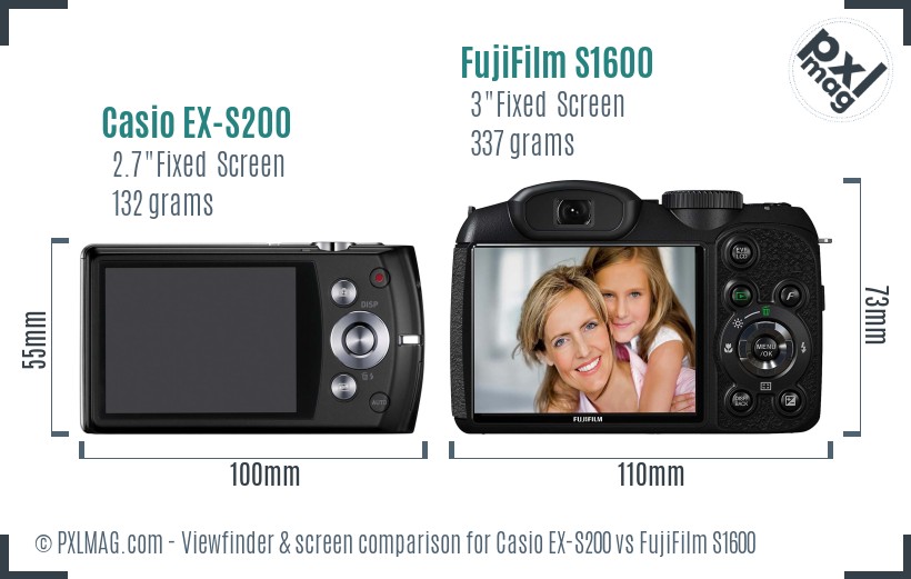 Casio EX-S200 vs FujiFilm S1600 Screen and Viewfinder comparison