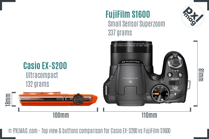 Casio EX-S200 vs FujiFilm S1600 top view buttons comparison
