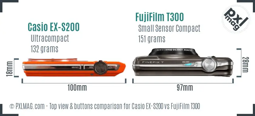 Casio EX-S200 vs FujiFilm T300 top view buttons comparison Casio EX-S200 vs FujiFilm T300 top view buttons comparison