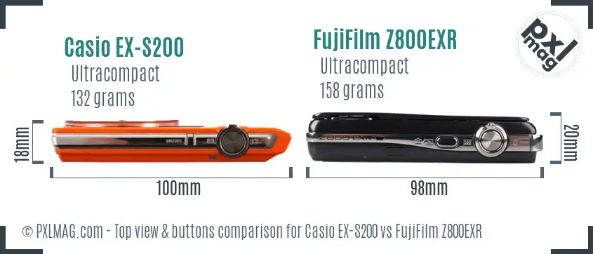 Casio EX-S200 vs FujiFilm Z800EXR top view buttons comparison Casio EX-S200 vs FujiFilm Z800EXR top view buttons comparison