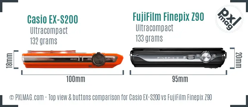 Casio EX-S200 vs FujiFilm Finepix Z90 top view buttons comparison