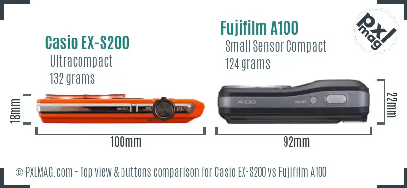 Casio EX-S200 vs Fujifilm A100 top view buttons comparison Casio EX-S200 vs Fujifilm A100 top view buttons comparison