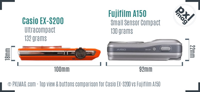 Casio EX-S200 vs Fujifilm A150 top view buttons comparison