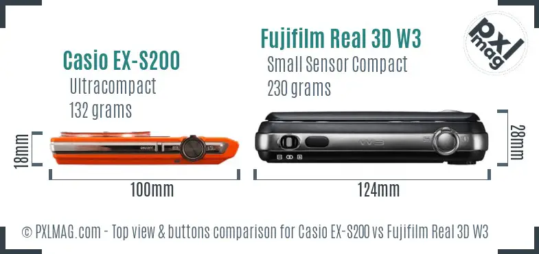 Casio EX-S200 vs Fujifilm Real 3D W3 top view buttons comparison Casio EX-S200 vs Fujifilm Real 3D W3 top view buttons comparison