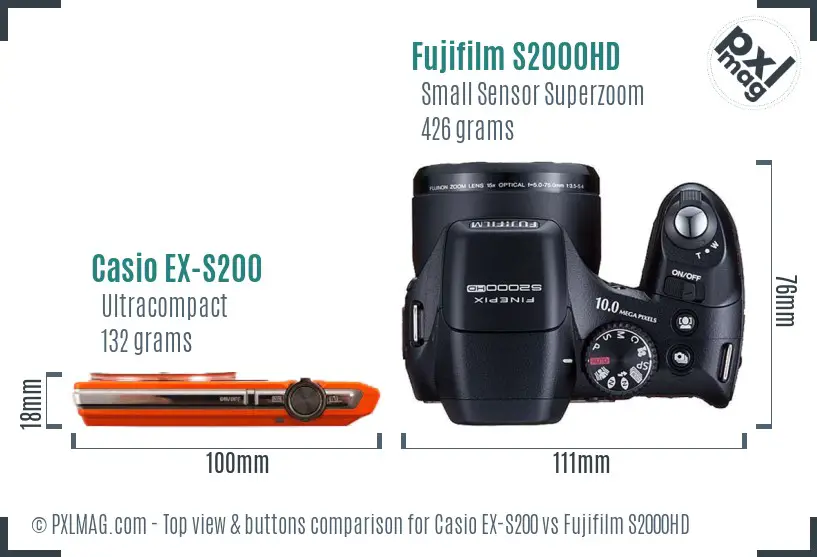 Casio EX-S200 vs Fujifilm S2000HD top view buttons comparison Casio EX-S200 vs Fujifilm S2000HD top view buttons comparison