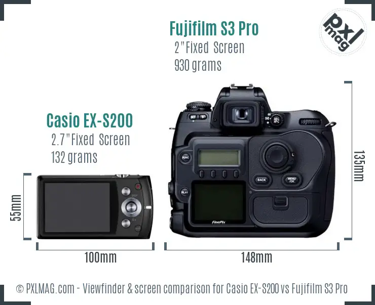 Casio EX-S200 vs Fujifilm S3 Pro Screen and Viewfinder comparison