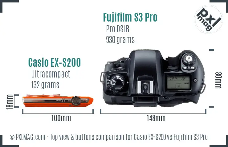 Casio EX-S200 vs Fujifilm S3 Pro top view buttons comparison