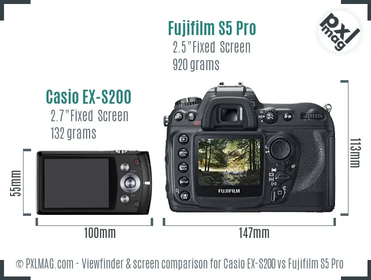 Casio EX-S200 vs Fujifilm S5 Pro Screen and Viewfinder comparison