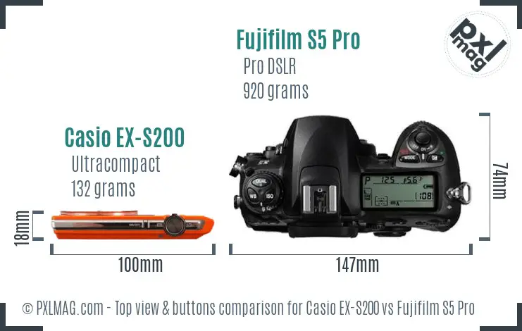 Casio EX-S200 vs Fujifilm S5 Pro top view buttons comparison