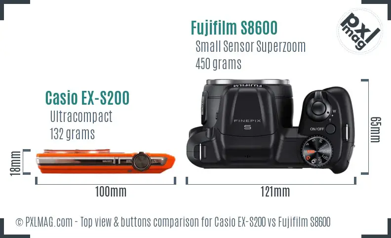 Casio EX-S200 vs Fujifilm S8600 top view buttons comparison Casio EX-S200 vs Fujifilm S8600 top view buttons comparison