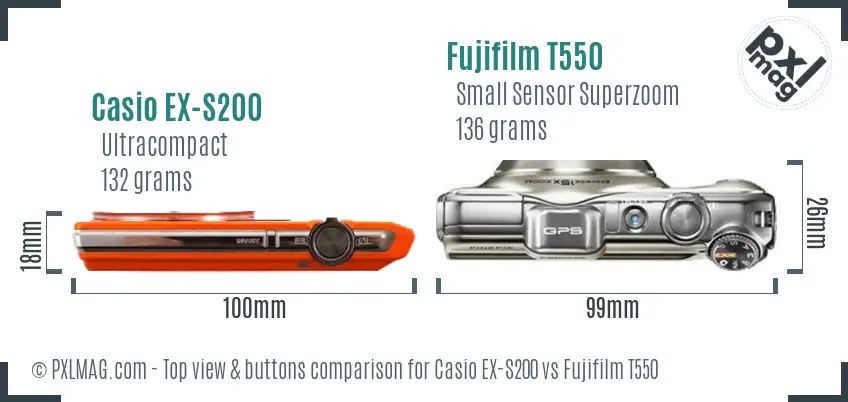 Casio EX-S200 vs Fujifilm T550 top view buttons comparison