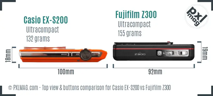Casio EX-S200 vs Fujifilm Z300 top view buttons comparison Casio EX-S200 vs Fujifilm Z300 top view buttons comparison