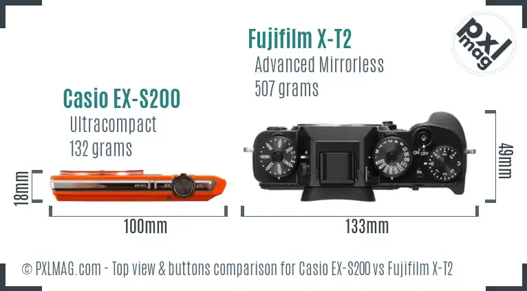Casio EX-S200 vs Fujifilm X-T2 top view buttons comparison