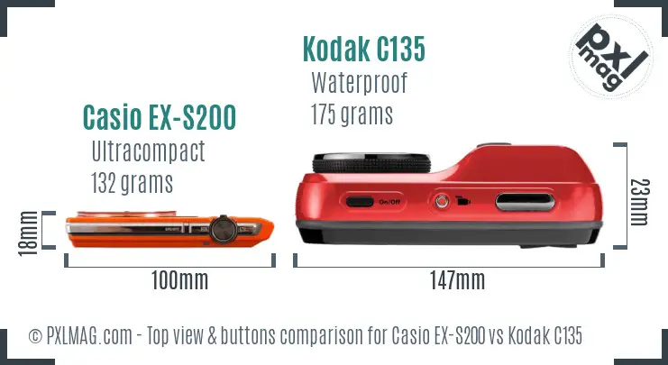 Casio EX-S200 vs Kodak C135 top view buttons comparison