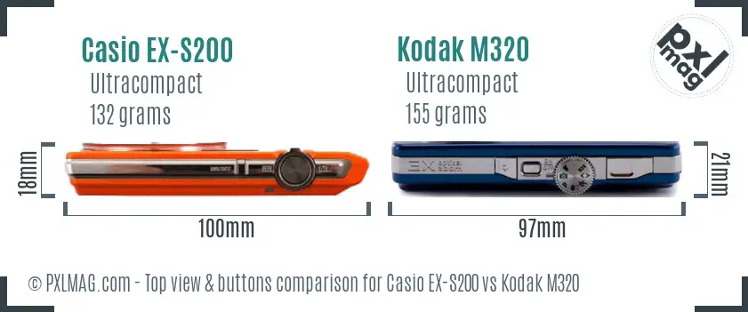 Casio EX-S200 vs Kodak M320 top view buttons comparison