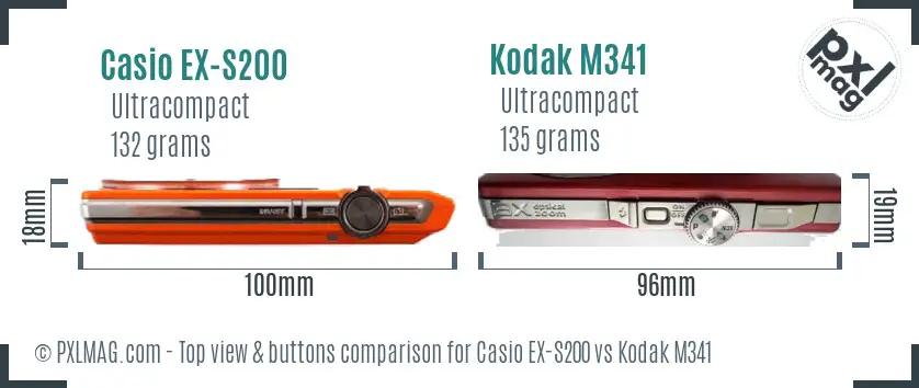 Casio EX-S200 vs Kodak M341 top view buttons comparison