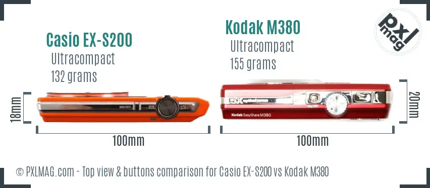 Casio EX-S200 vs Kodak M380 top view buttons comparison