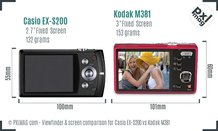 Casio EX-S200 vs Kodak M381 Screen and Viewfinder comparison