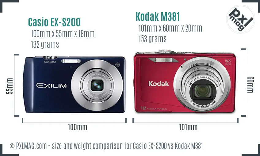 Casio EX-S200 vs Kodak M381 size comparison