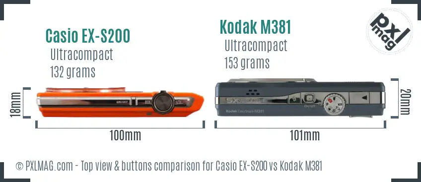 Casio EX-S200 vs Kodak M381 top view buttons comparison