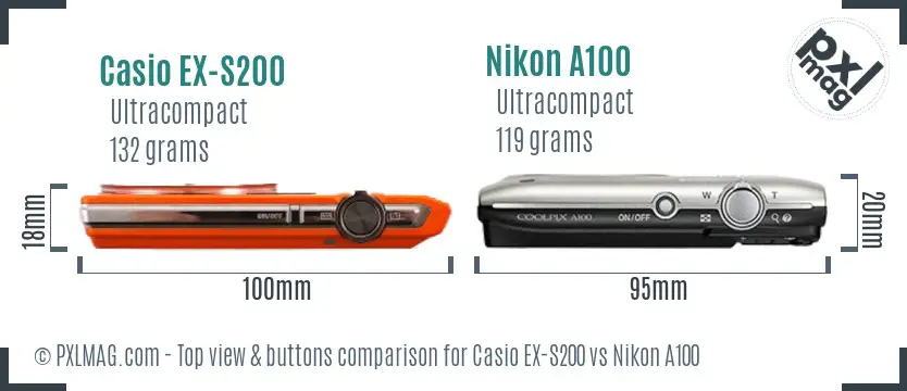 Casio EX-S200 vs Nikon A100 top view buttons comparison