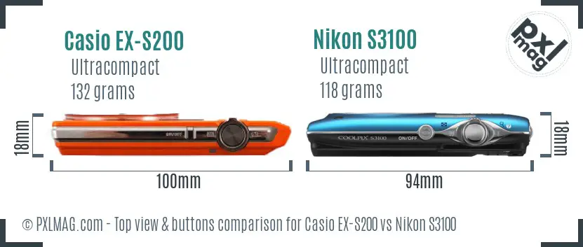 Casio EX-S200 vs Nikon S3100 top view buttons comparison