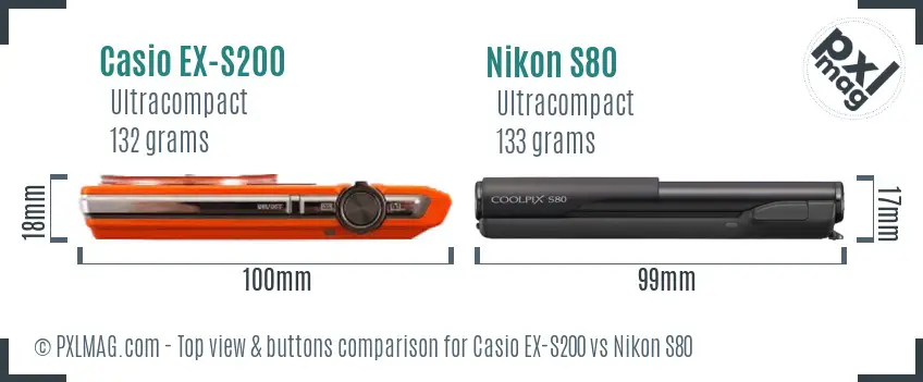 Casio EX-S200 vs Nikon S80 top view buttons comparison