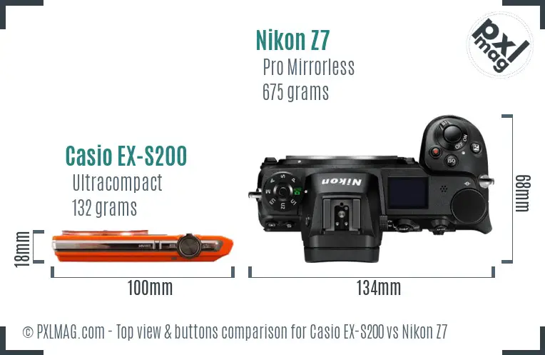 Casio EX-S200 vs Nikon Z7 top view buttons comparison