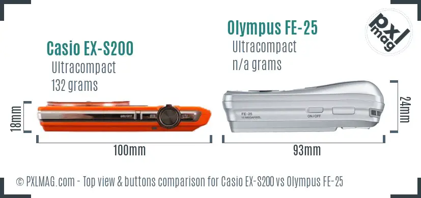 Casio EX-S200 vs Olympus FE-25 top view buttons comparison Casio EX-S200 vs Olympus FE-25 top view buttons comparison