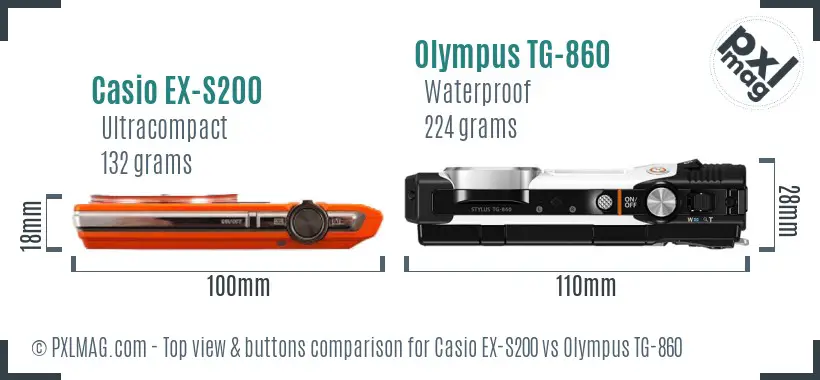 Casio EX-S200 vs Olympus TG-860 top view buttons comparison Casio EX-S200 vs Olympus TG-860 top view buttons comparison