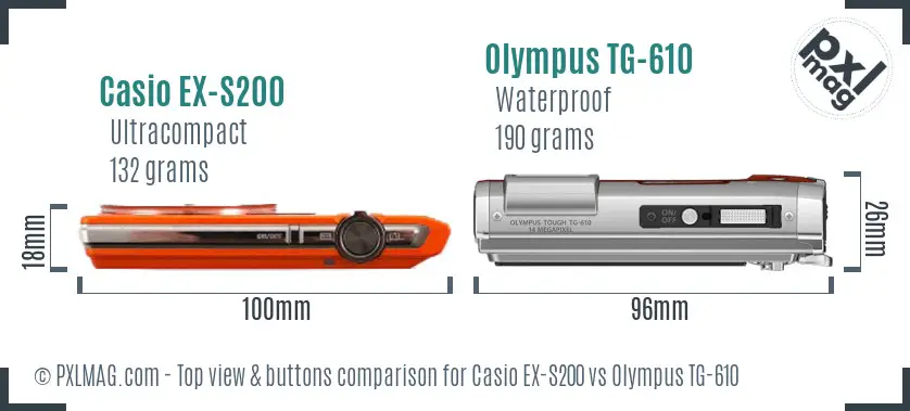Casio EX-S200 vs Olympus TG-610 top view buttons comparison Casio EX-S200 vs Olympus TG-610 top view buttons comparison