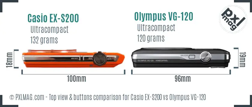 Casio EX-S200 vs Olympus VG-120 top view buttons comparison Casio EX-S200 vs Olympus VG-120 top view buttons comparison