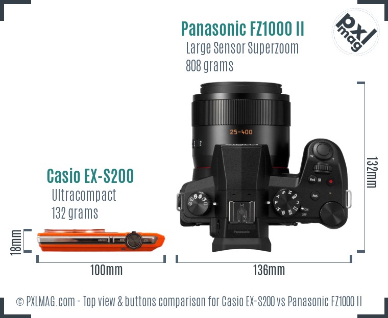 Casio EX-S200 vs Panasonic FZ1000 II top view buttons comparison
